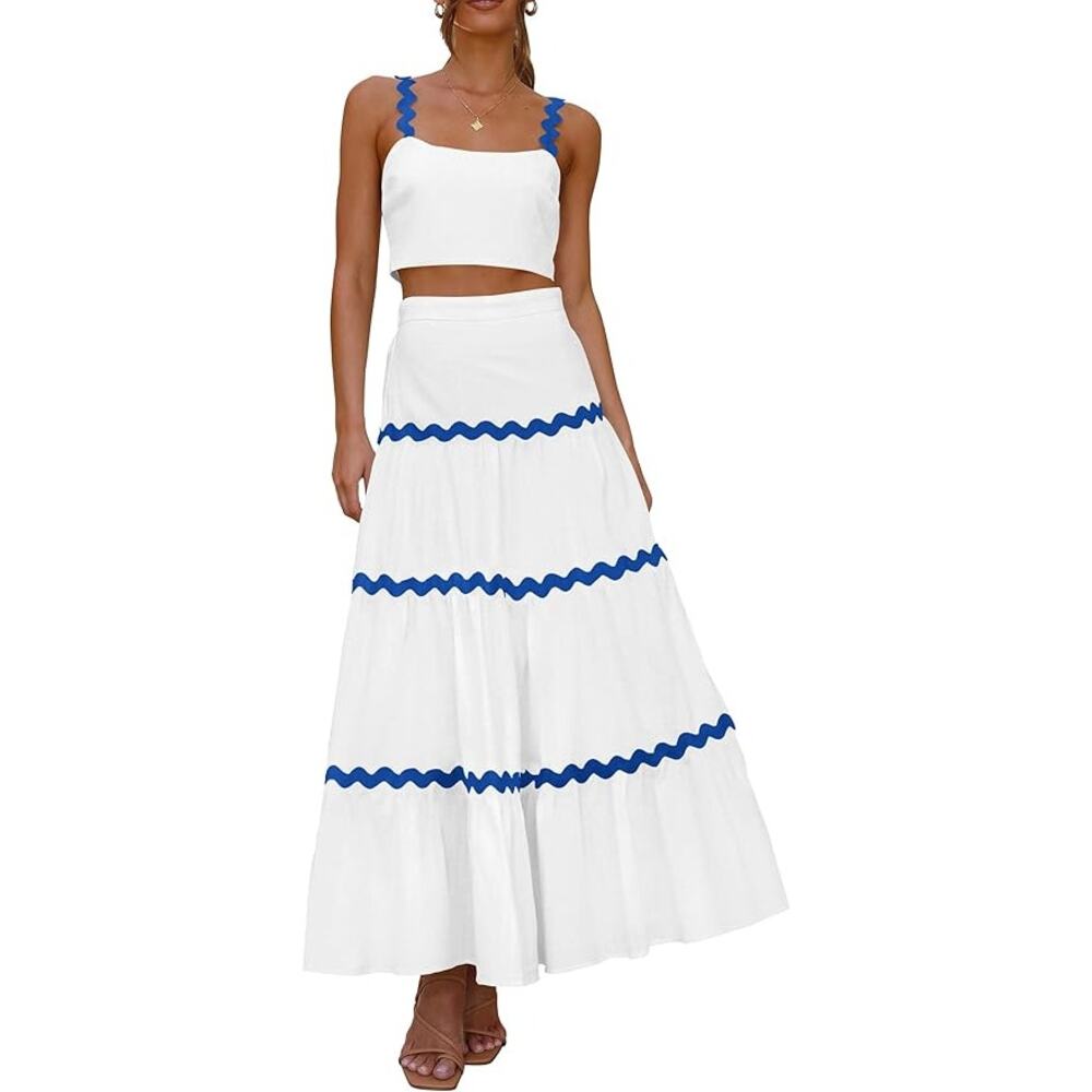 [PrettyGarden] White Blue Matching Set Crop Tank Maxi Skirt Summer NWOT Size XXL